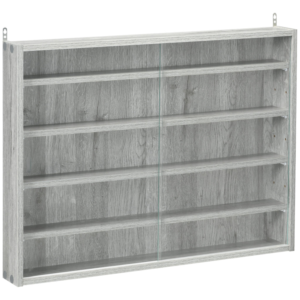 5-Tier Display Cabinet, Glass Display Case with 2 Doors and Adjustable Shelves, Wall-Mounted, Grey