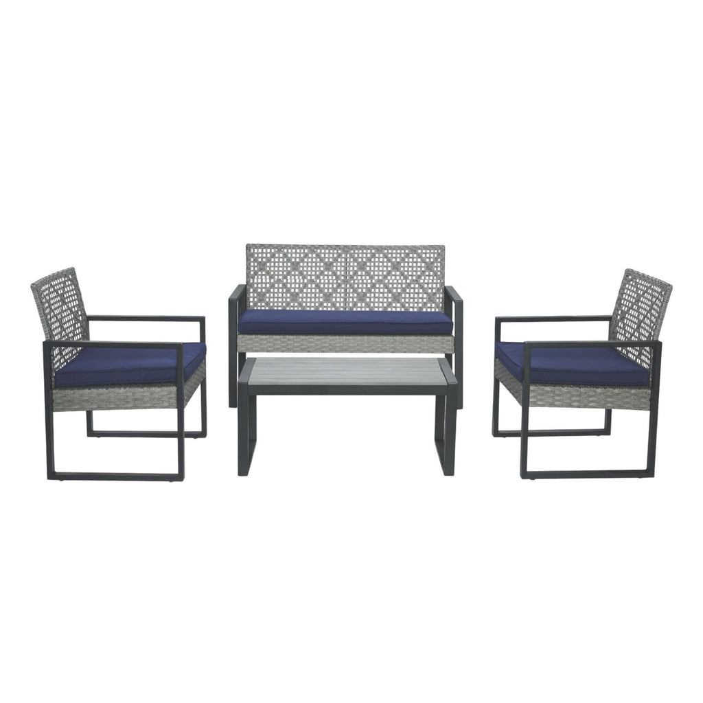 4-Piece Patio Furniture Set with Gray Acacia Wood Table Top, Blue Cushions and Light Gray Rattan