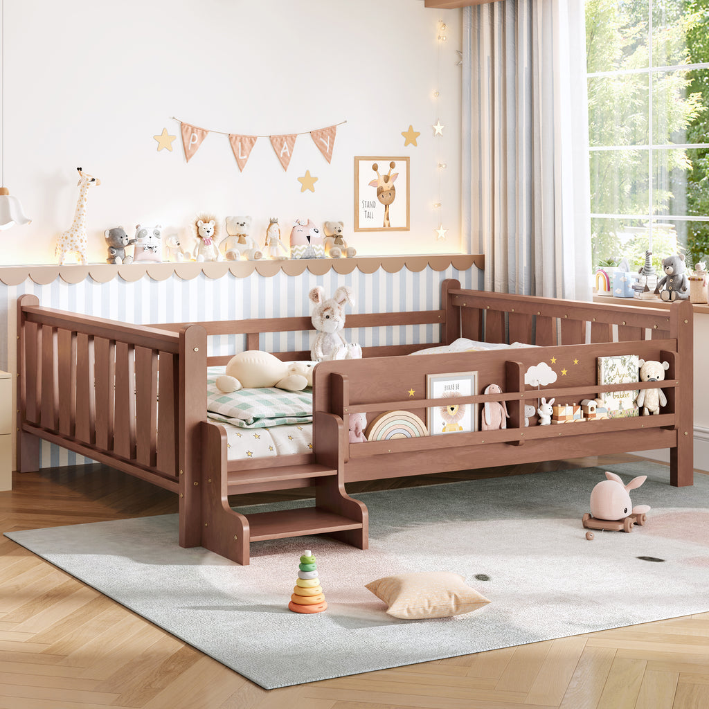 Queen Size Floor Bed with Storage Bookcases, Solid Wood Kids Floor Bed with Cute Stairs and Guardrails, No Box Spring Needed, Natural