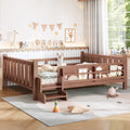 Queen Size Floor Bed with Storage Bookcases, Solid Wood Kids Floor Bed with Cute Stairs and Guardrails, No Box Spring Needed, Natural