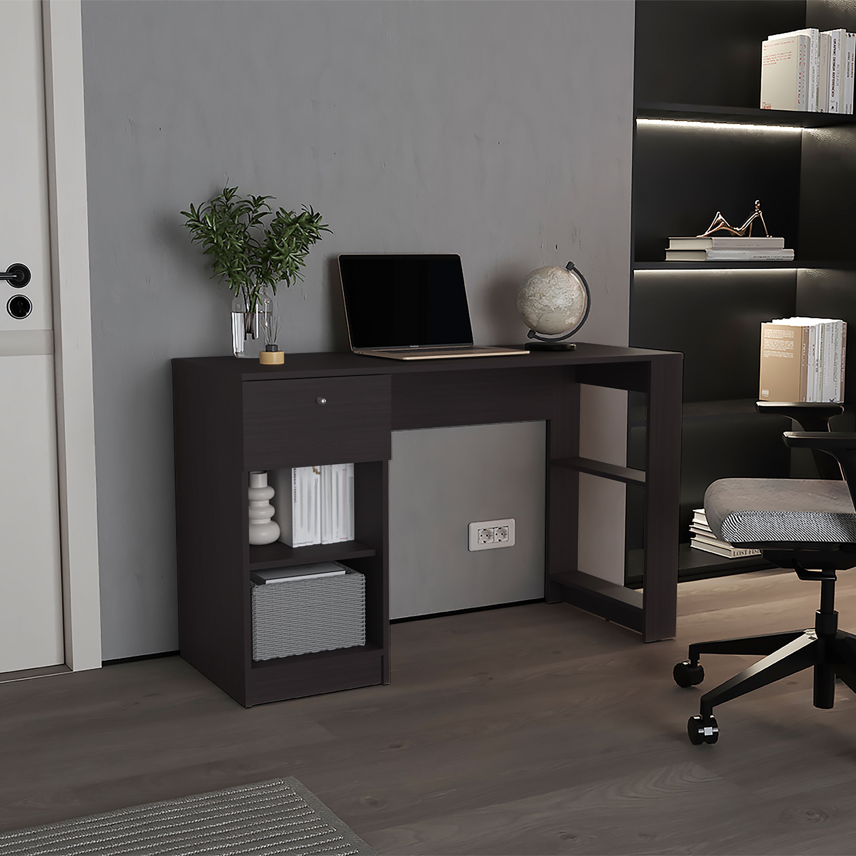 120-Home 47' Wide One Drawer Desk , Four Shelves, Writting Desk, Gamer Desk, Home Office, Living Room Black