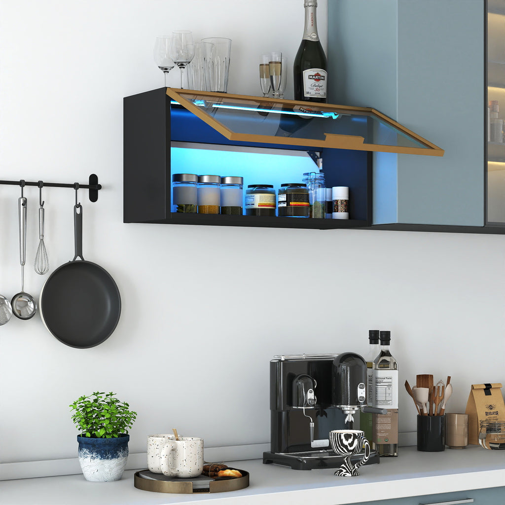 Large-Capacity Spice Rack Wall Mounted Storage Cabinet, Black Hanging Kitchen Pantry with Up-Flip Door, for Kitchen, Dining Room All Occasion