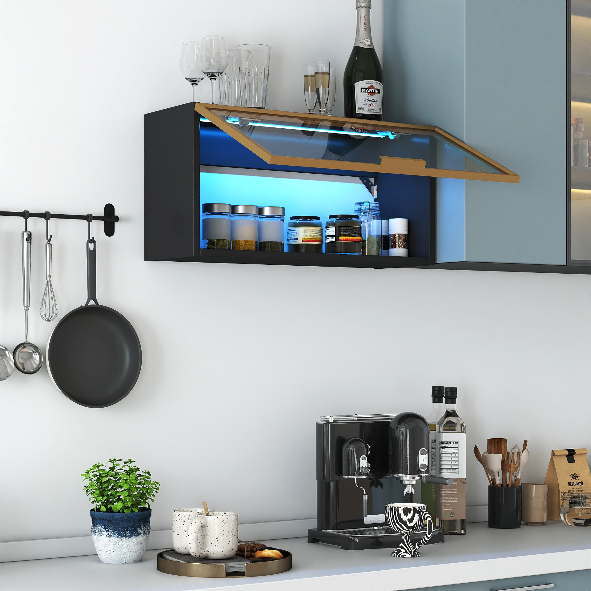 Large-Capacity Spice Rack Wall Mounted Storage Cabinet, Black Hanging Kitchen Pantry with Up-Flip Door, for Kitchen, Dining Room All Occasion