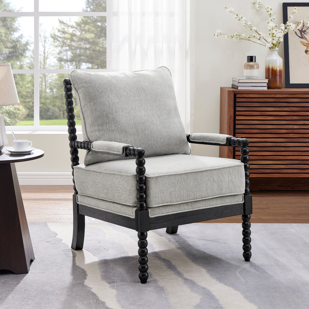 Belvoir Upholstered Spool Accent Chair with Turned Wood Frame, Gray