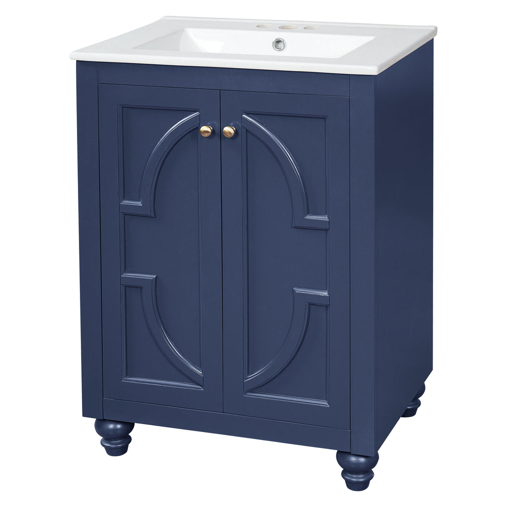 24' Modern Bathroom Vanity with Ornate Elliptical Motif, Soft-Close Hinges, Blue Ceramic Sink, Solid Wood & MDF Construction, French Elegance Design