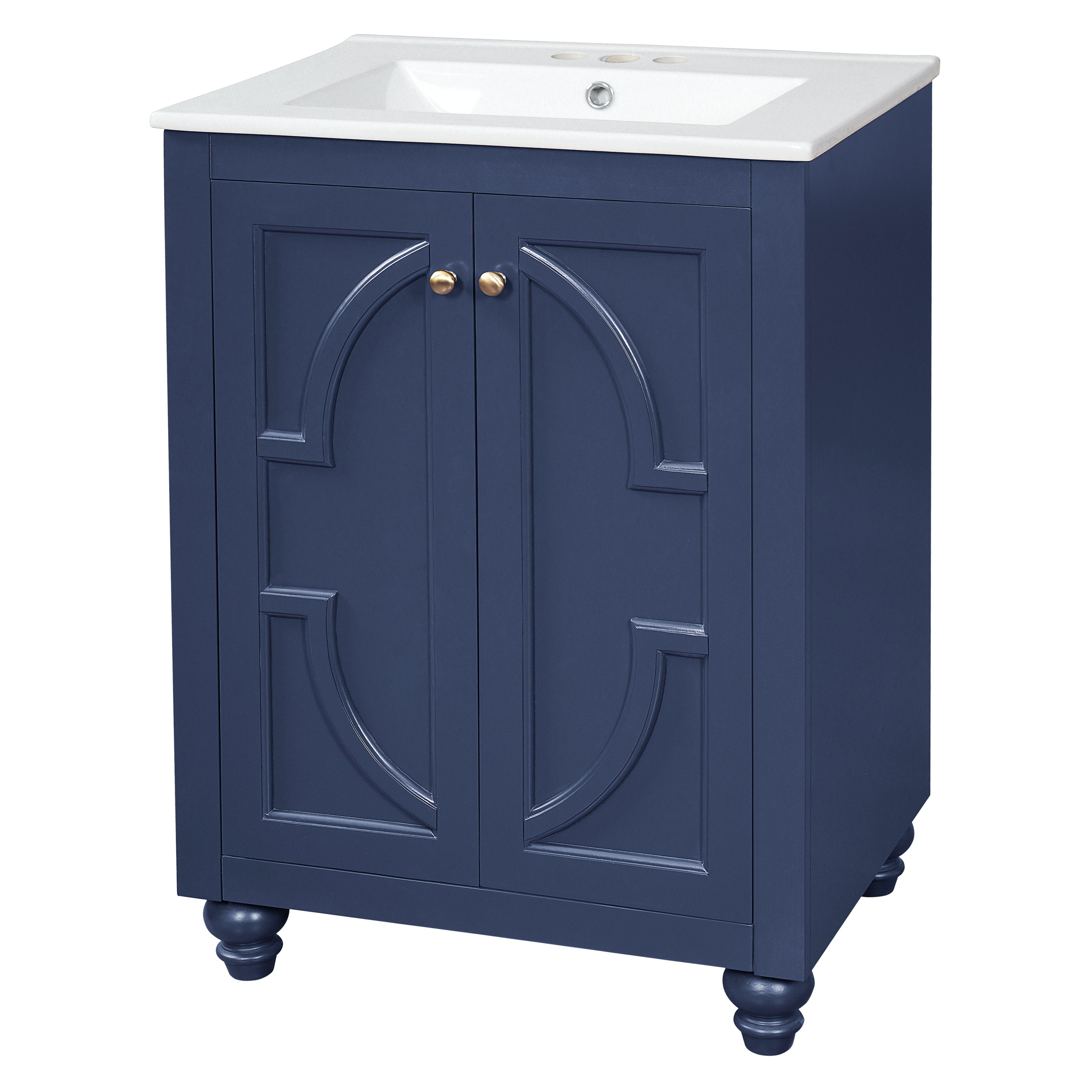 24' Modern Bathroom Vanity with Ornate Elliptical Motif, Soft-Close Hinges, Blue Ceramic Sink, Solid Wood & MDF Construction, French Elegance Design