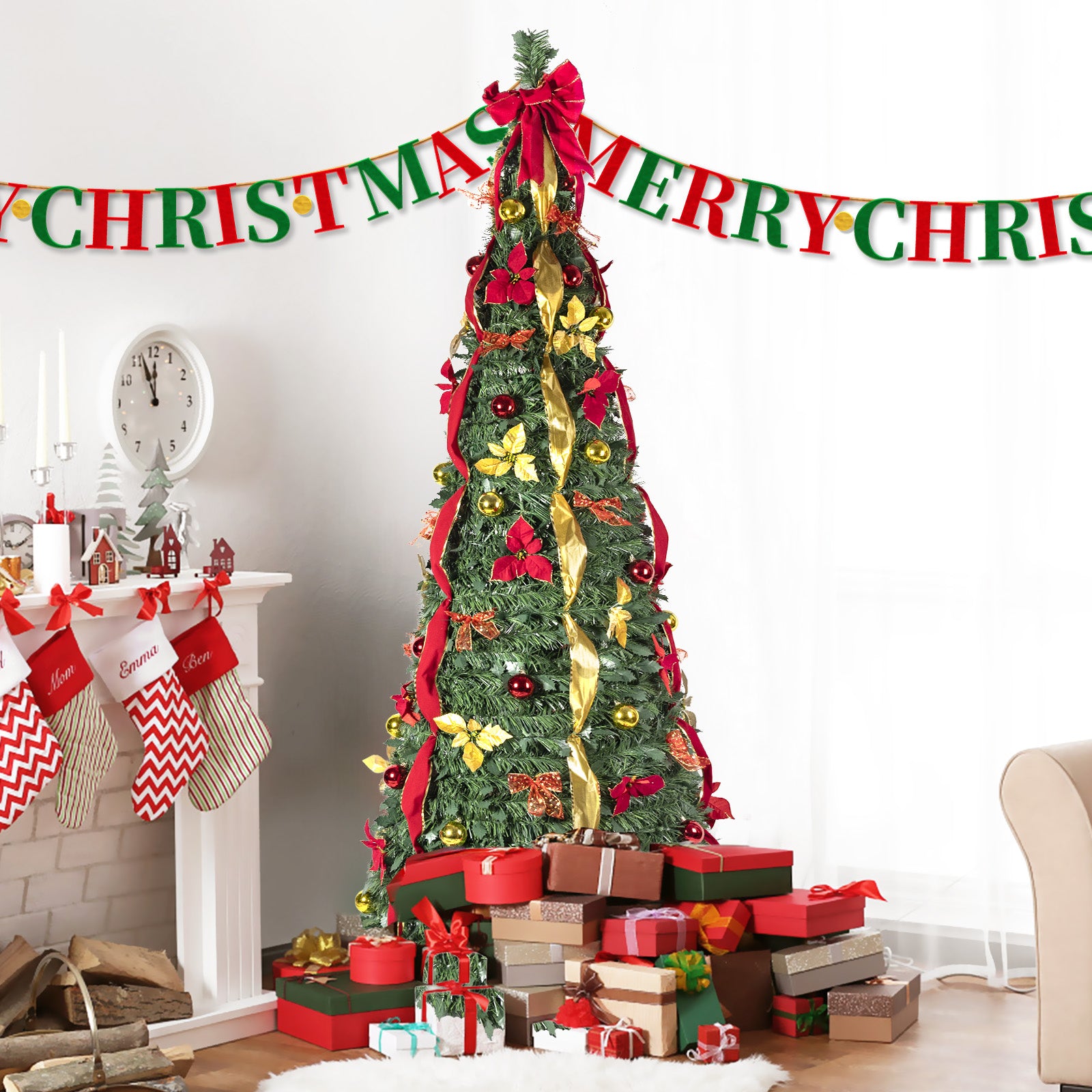 6FT Pop-Up Christmas Tree with 150 Warm White UL Lights – Pre-Decorated with Red & Gold Ornaments, Flowers, Ribbons & Bows – Easy Assembly, Space-Saving Collapsible Holiday Tree