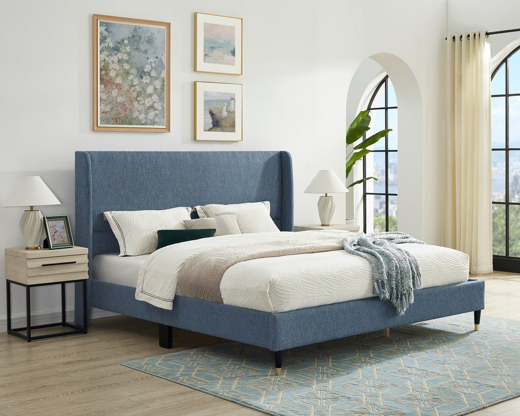 Rozitta Blue Fabric Wingback Platform Bed, Queen