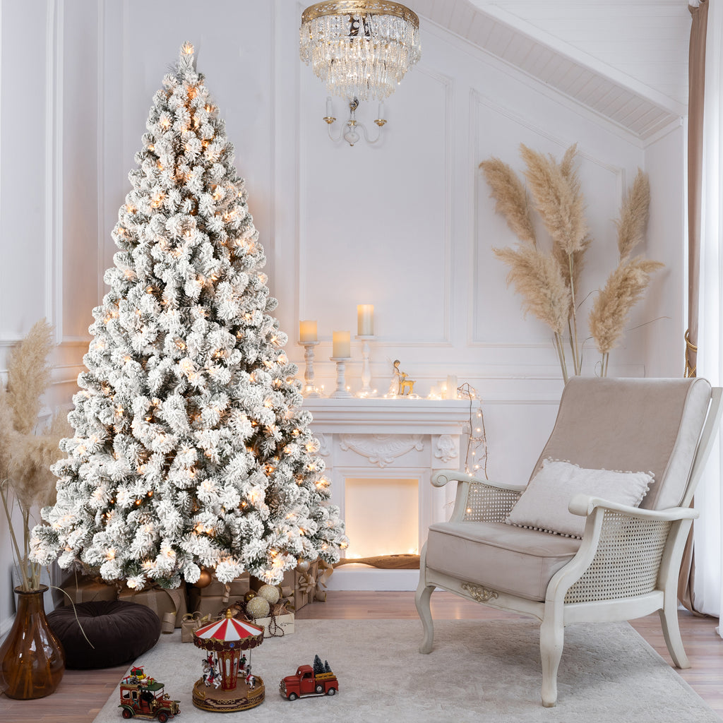 9ft Flocked Pre-Lit Christmas Tree with 650 UL Warm White Lights, 1930 PVC Tips, Auto-Unfold Memory Wire, Easy Assembly & Stable Metal Stand – Snowy Holiday Decor