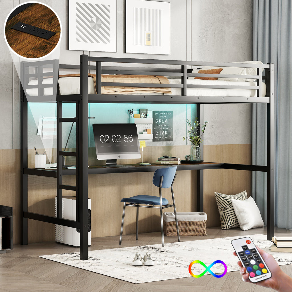 Metal Twin XL Size Loft Bed with Power Outlet and LED Lighted, Space-Saving, Noise Reduced, Black