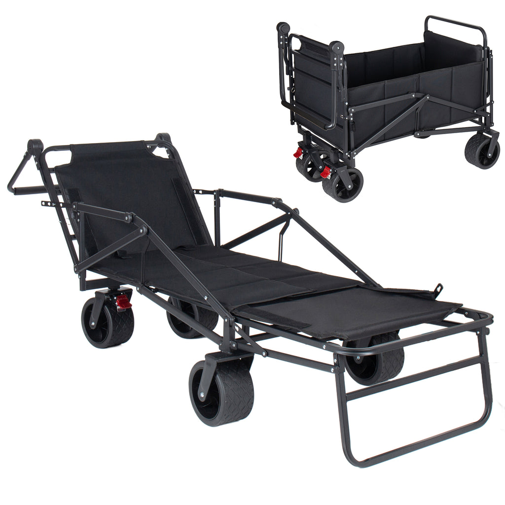 2-in-1 Multifunctional Folding Wagon Carts, Convertible Beach Chair with All-Terrain Wheels, 650lb Capacityfor Shopping Beach Camping Sports Garden, Black