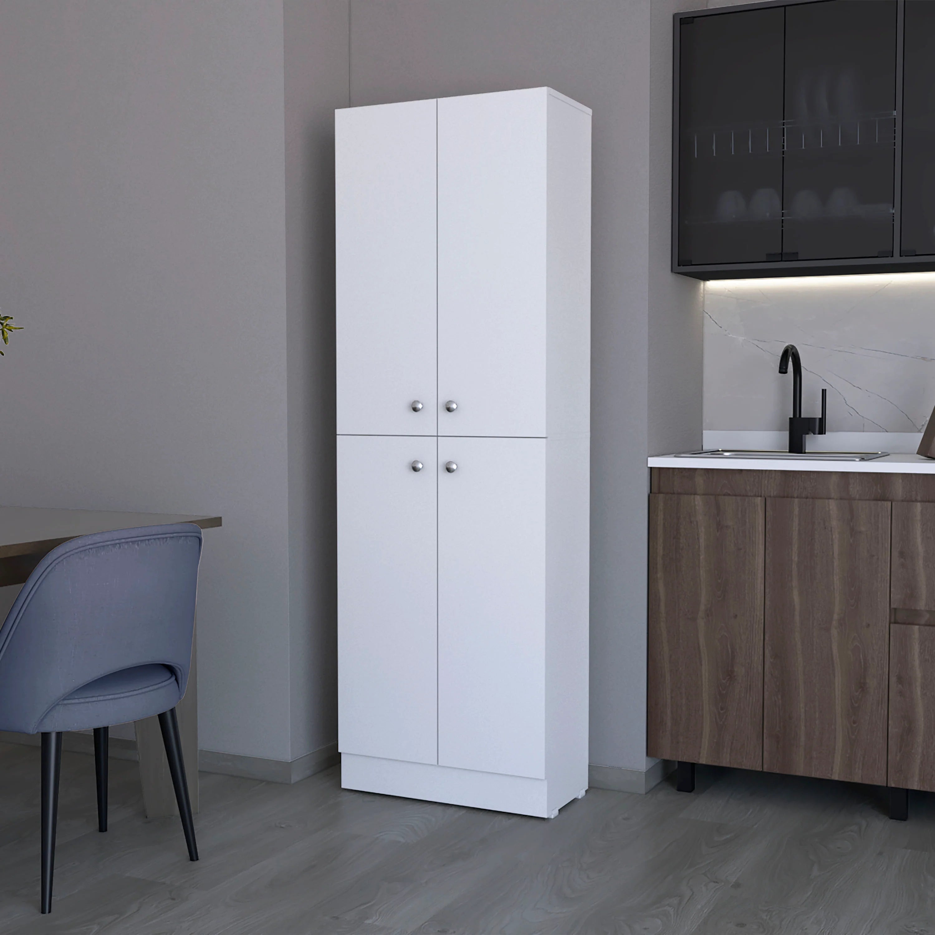 White Pantry Cabinet with 4 Doors and 5 Hidden Shelves