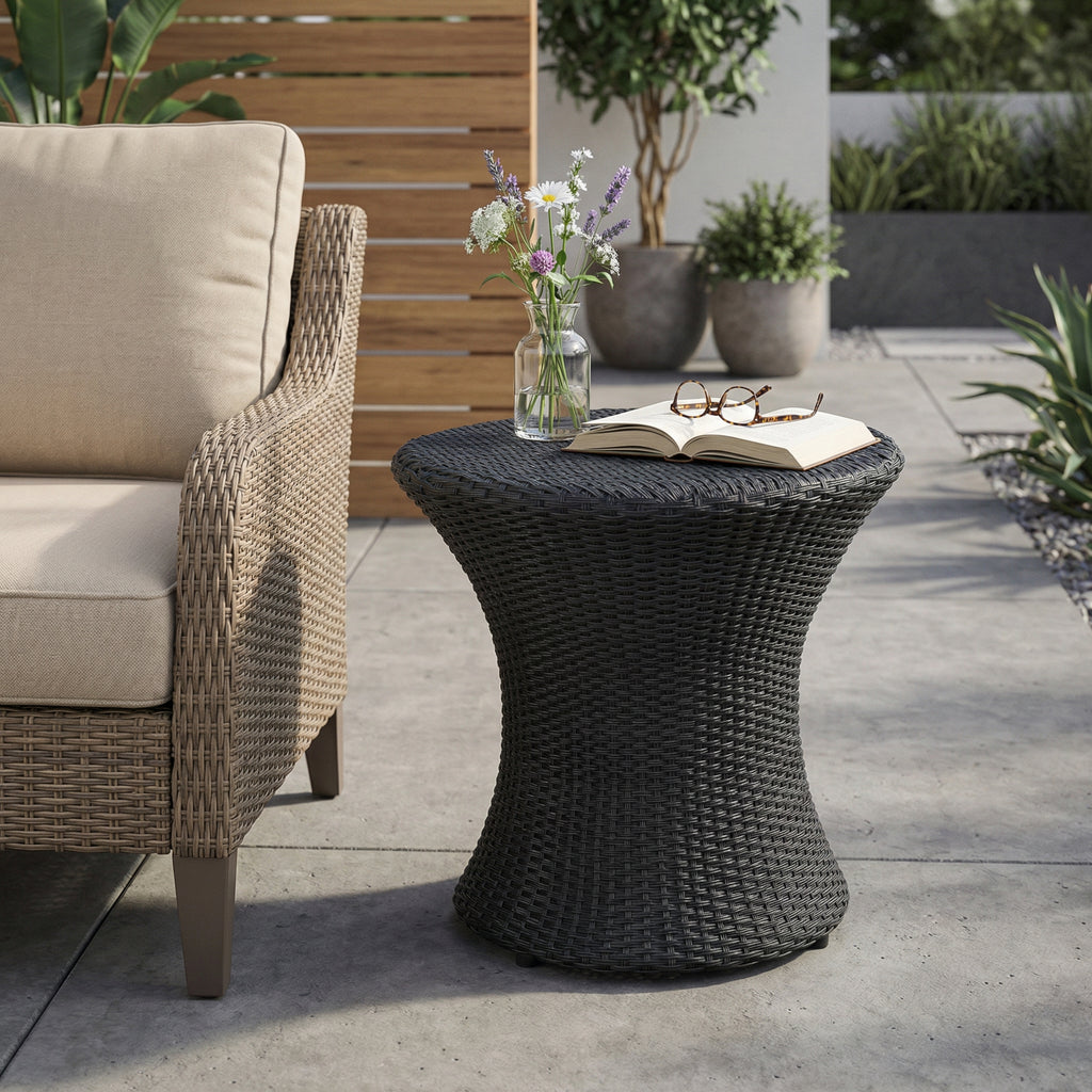KONO Hourglass Rattan Table with No Glass Top, Black