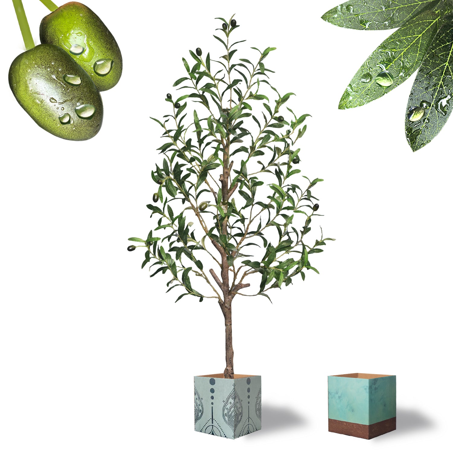 Artificial Olive Tree with Water Droplets: 4ft Potted Realistic Fake Plant Trees with Fruits for Indoor Home Room Office Balcony Decor