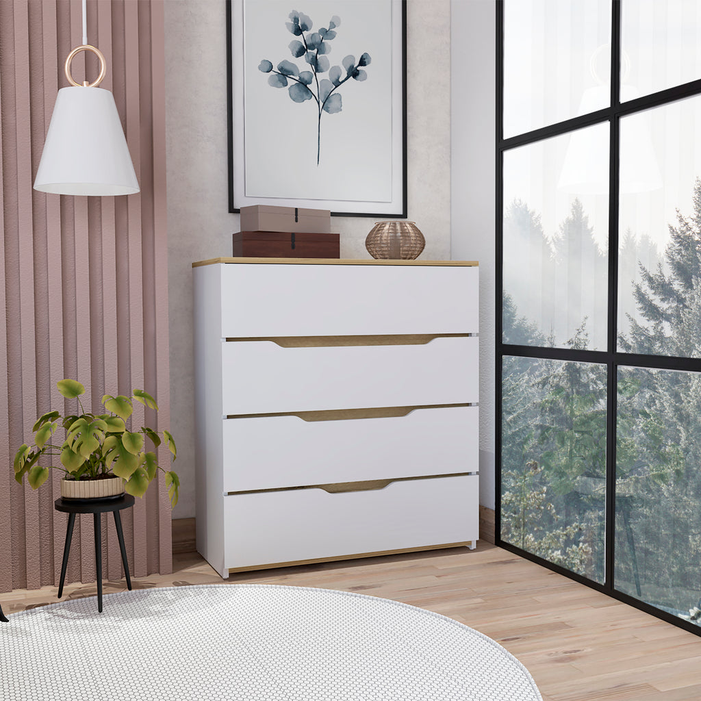 Zoe Dresser, Superior Top, Four Drawers -White / Light Oak