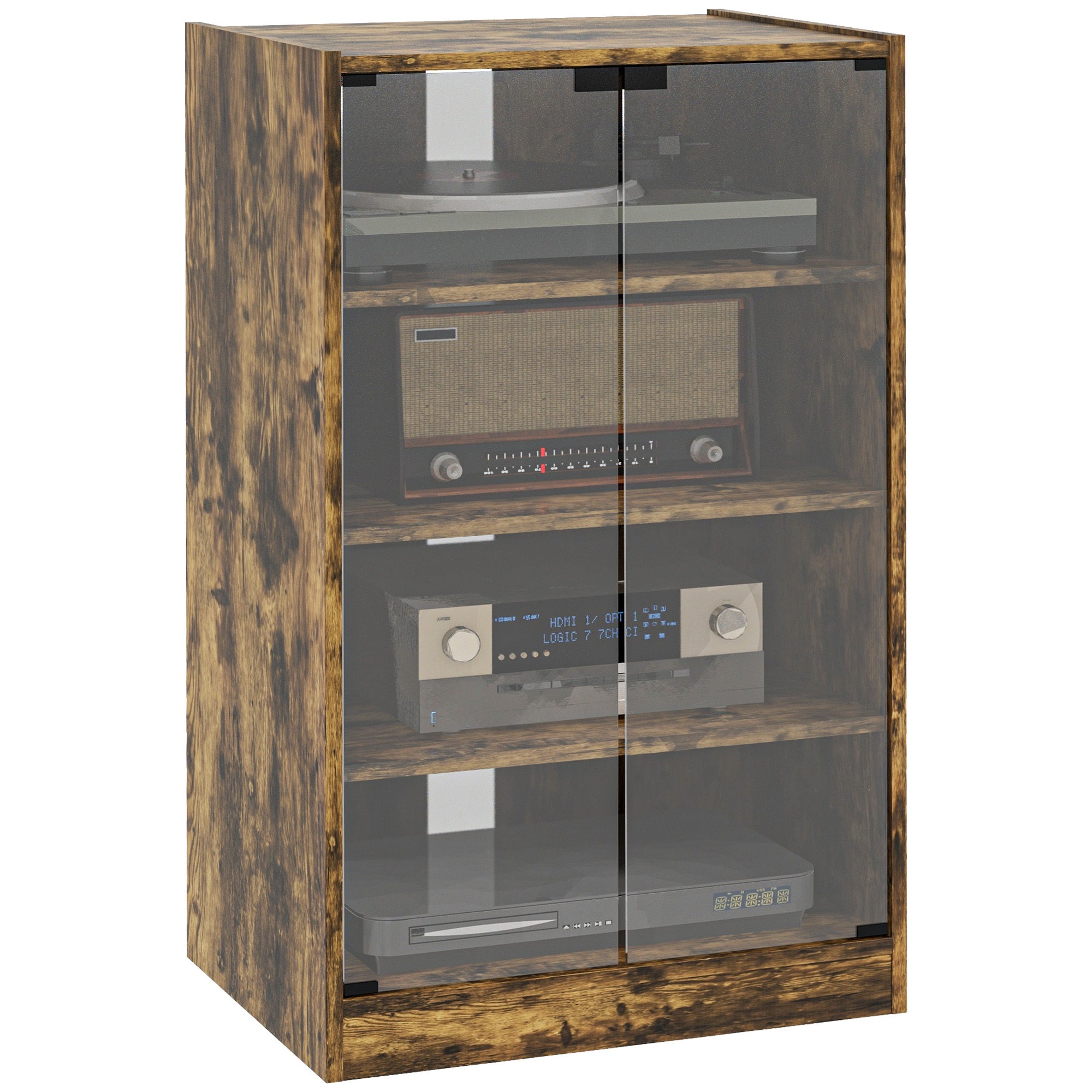 HOMCOM Media Cabinet, 4-Tier Stereo Cabinet, Modern Audio Video Media Stand with Adjustable Shelves, Tempered Glass Doors, and Cable Management, Rustic Brown