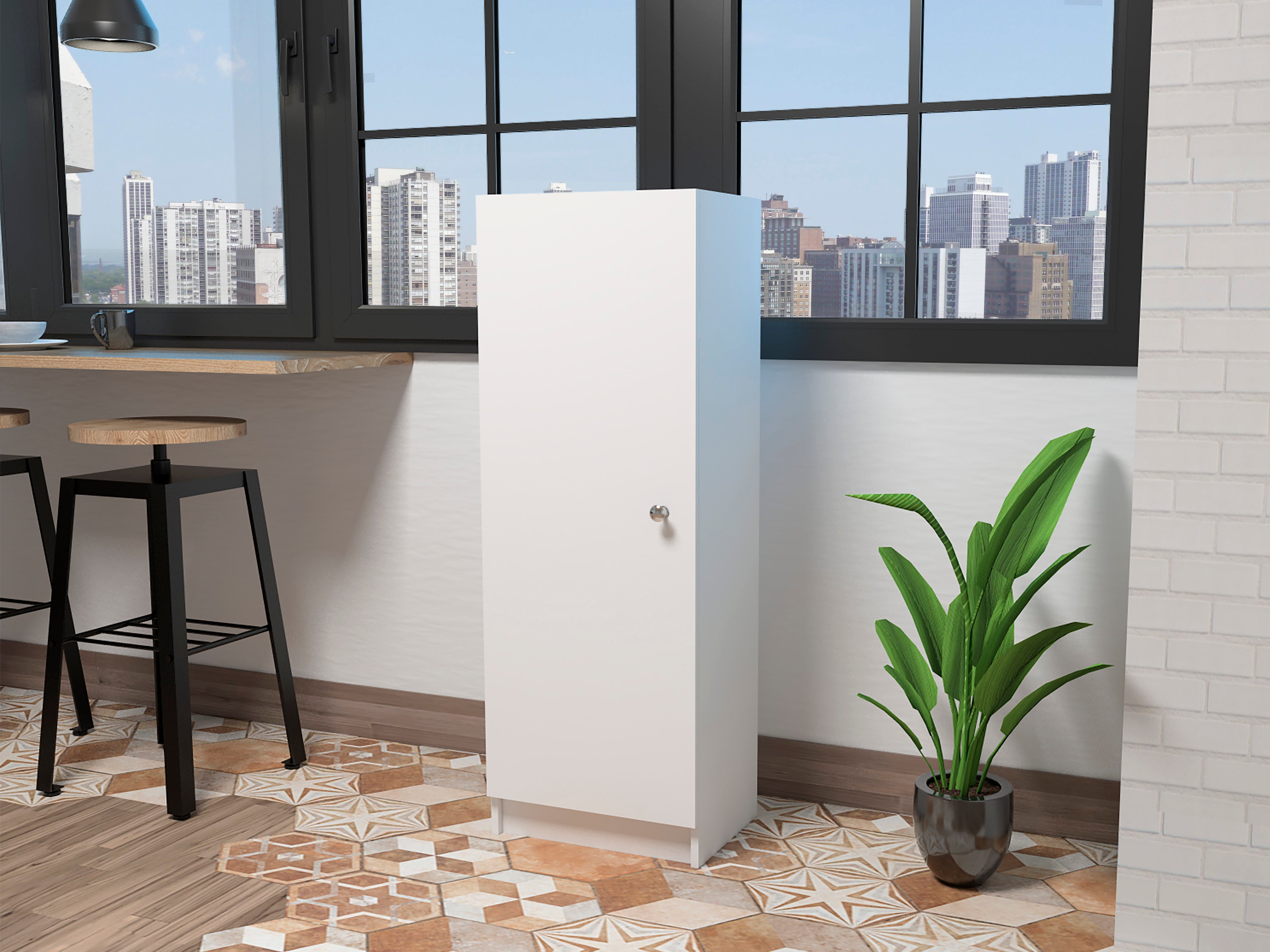 Belleria Single Door Pantry Storage Cabinet with Four Interior Shelves  -White