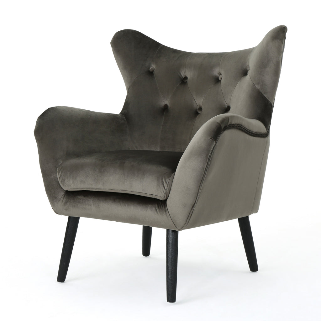 Mid-Century Modern Velvet Arm Chair with Tufted Wingback Design in Grey