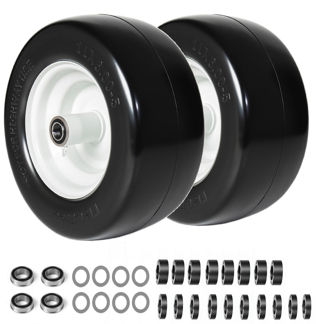 (Set of 2) 11x6.00-5 Smooth Tire and Wheel,  11x6-5 Solid Rubbe Riding Lawn Mower Tire with Rim, 3/4' Bearing, 5.8' Centered Hub, Smooth Tread Solid Tire for Zero Turn Mowers