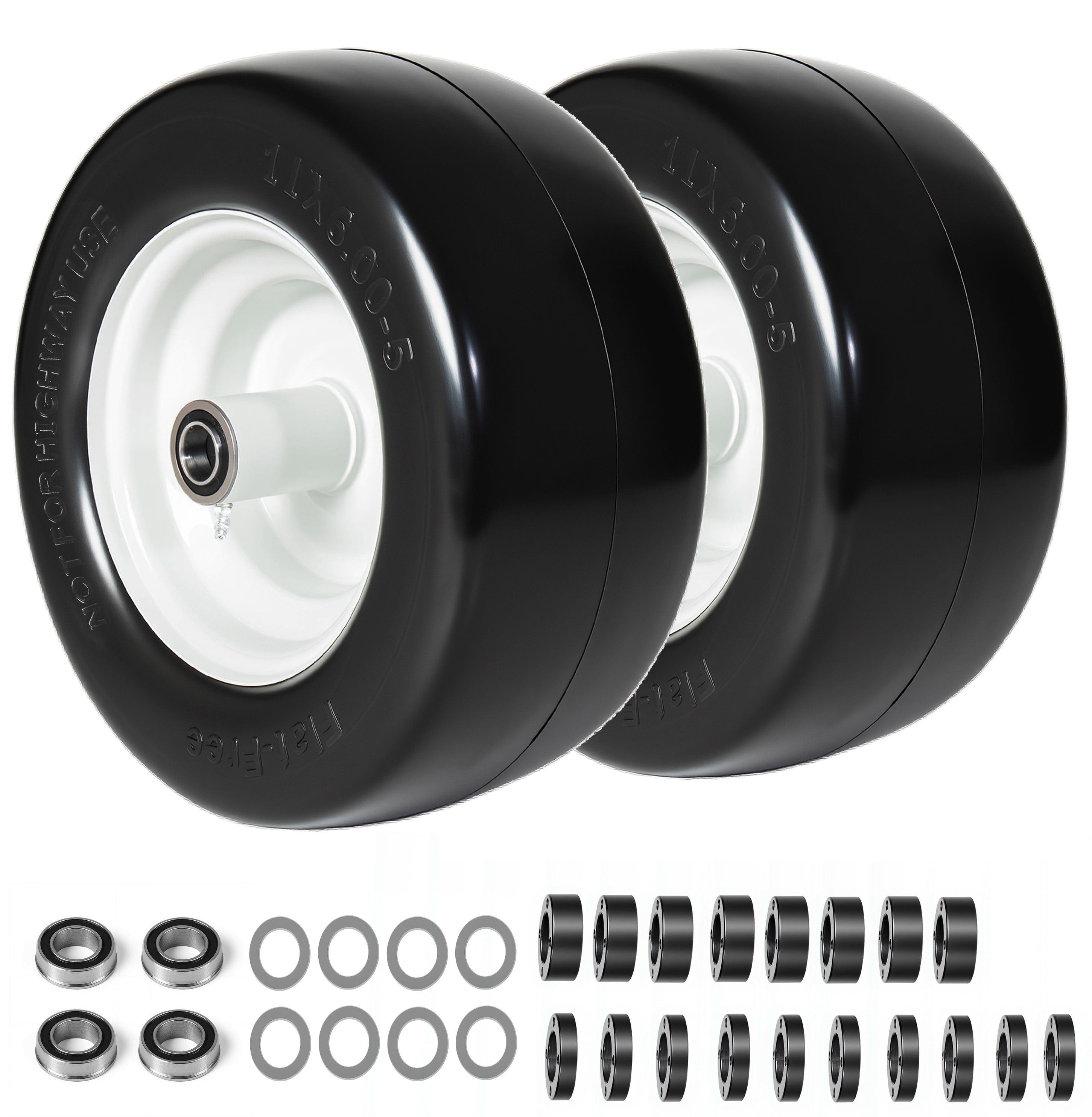 (Set of 2) 11x6.00-5 Smooth Tire and Wheel,  11x6-5 Solid Rubbe Riding Lawn Mower Tire with Rim, 3/4' Bearing, 5.8' Centered Hub, Smooth Tread Solid Tire for Zero Turn Mowers