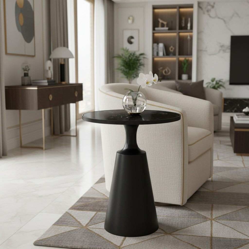 Modern Round Side Table with Marble Pattern Top and Black Iron Base, 20' Diameter, 24.25' H, 75 lbs Capacity - Assembly-Free Accent Table for Living Room, Bedroom, or Office