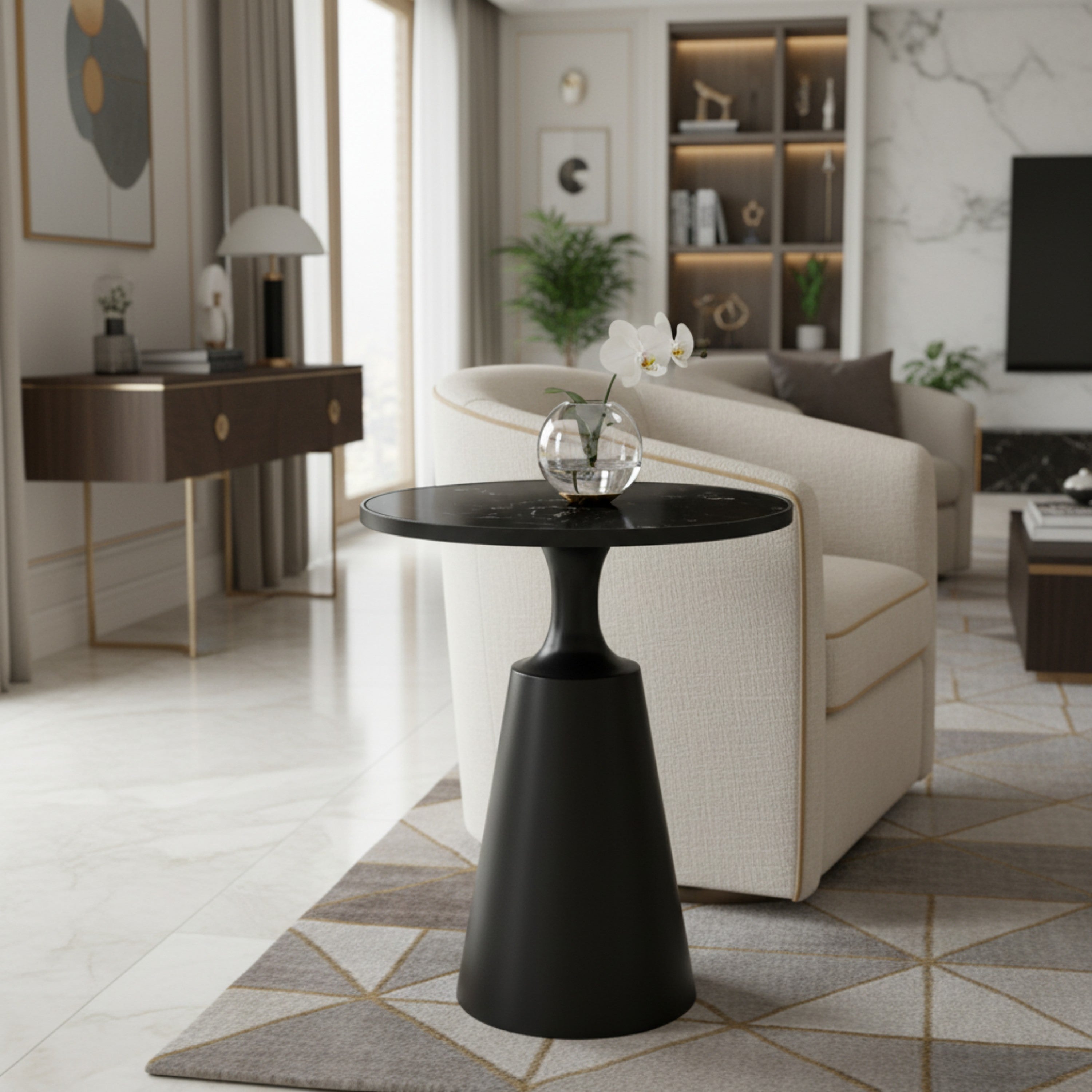 Modern Round Side Table with Marble Pattern Top and Black Iron Base, 20' Diameter, 24.25' H, 75 lbs Capacity - Assembly-Free Accent Table for Living Room, Bedroom, or Office