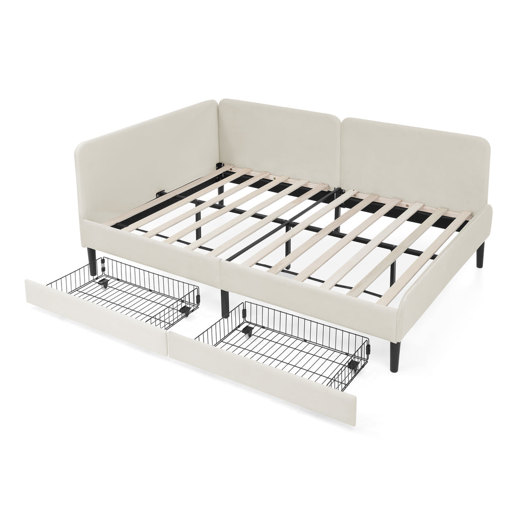 Beige Velvet Upholstered Platform Bed Frame with 2 Storage Drawers and Adjustable Sofa Bed, Full Size