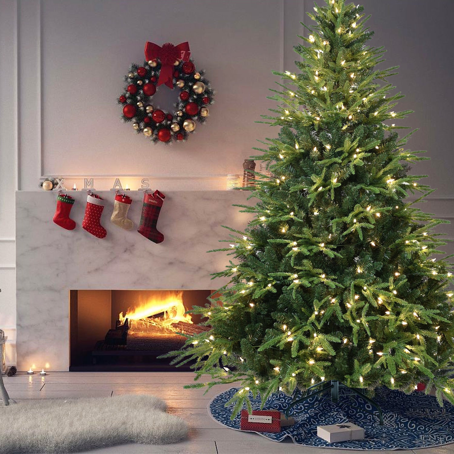 7.5ft Pre-Lit Artificial Christmas Tree with 650 Warm White Incandescent Lights, 3135 Tips, PE+PVC Hinged Pine with Partial Memory Wire Branches, Foldable Metal Stand for Holiday Decoration