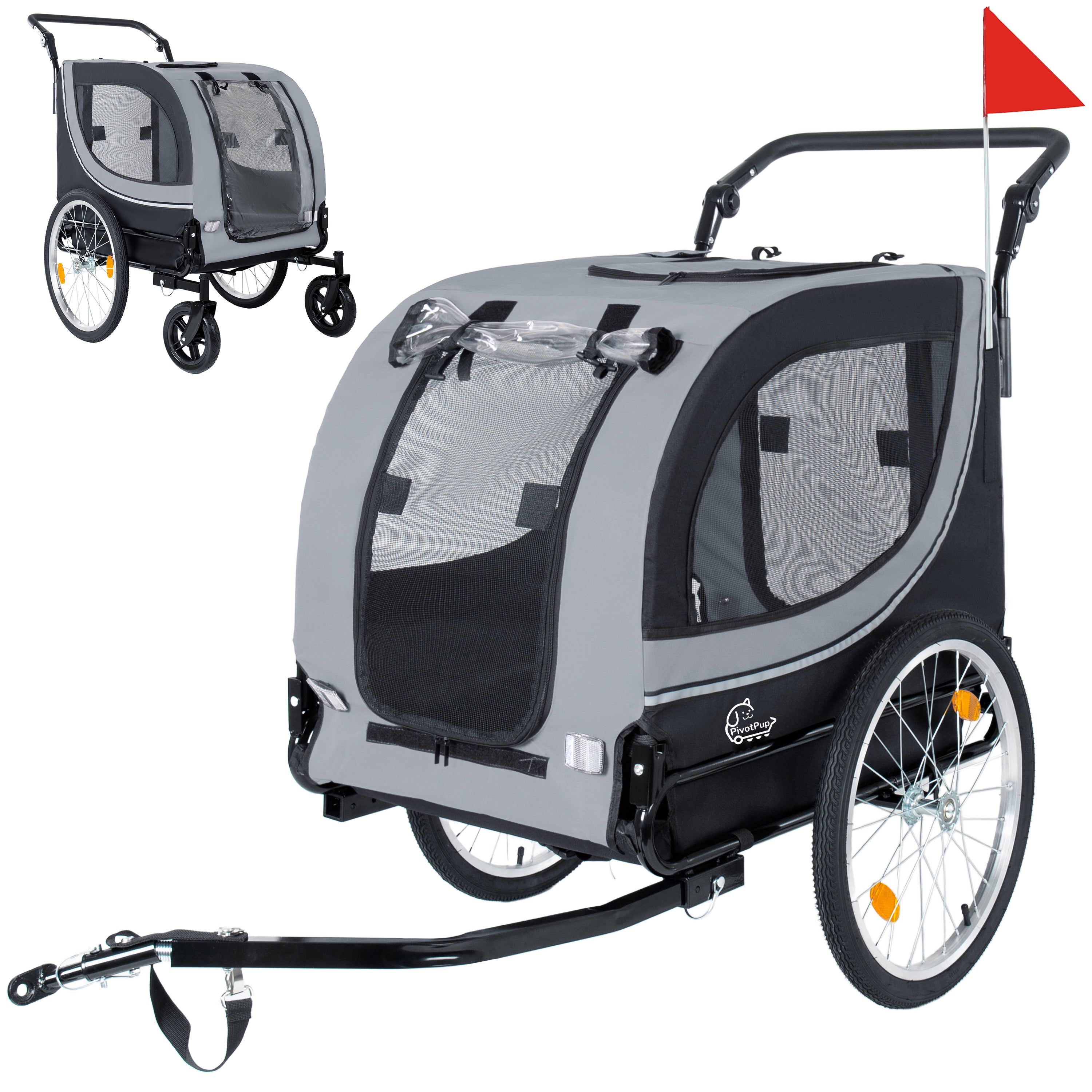 2-in-1 Bike Trailer & Pet Stroller for Dogs up to 100lbs– Foldable Pet Carrier Cart with two 8'' Front Caster & 20'' Quick Release Air-Filled Wheels, Breathable Mesh and PVC Rain Cover, Gray