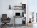 Light Grey 6-Shelf Writing Desk with Built-in Bookcase