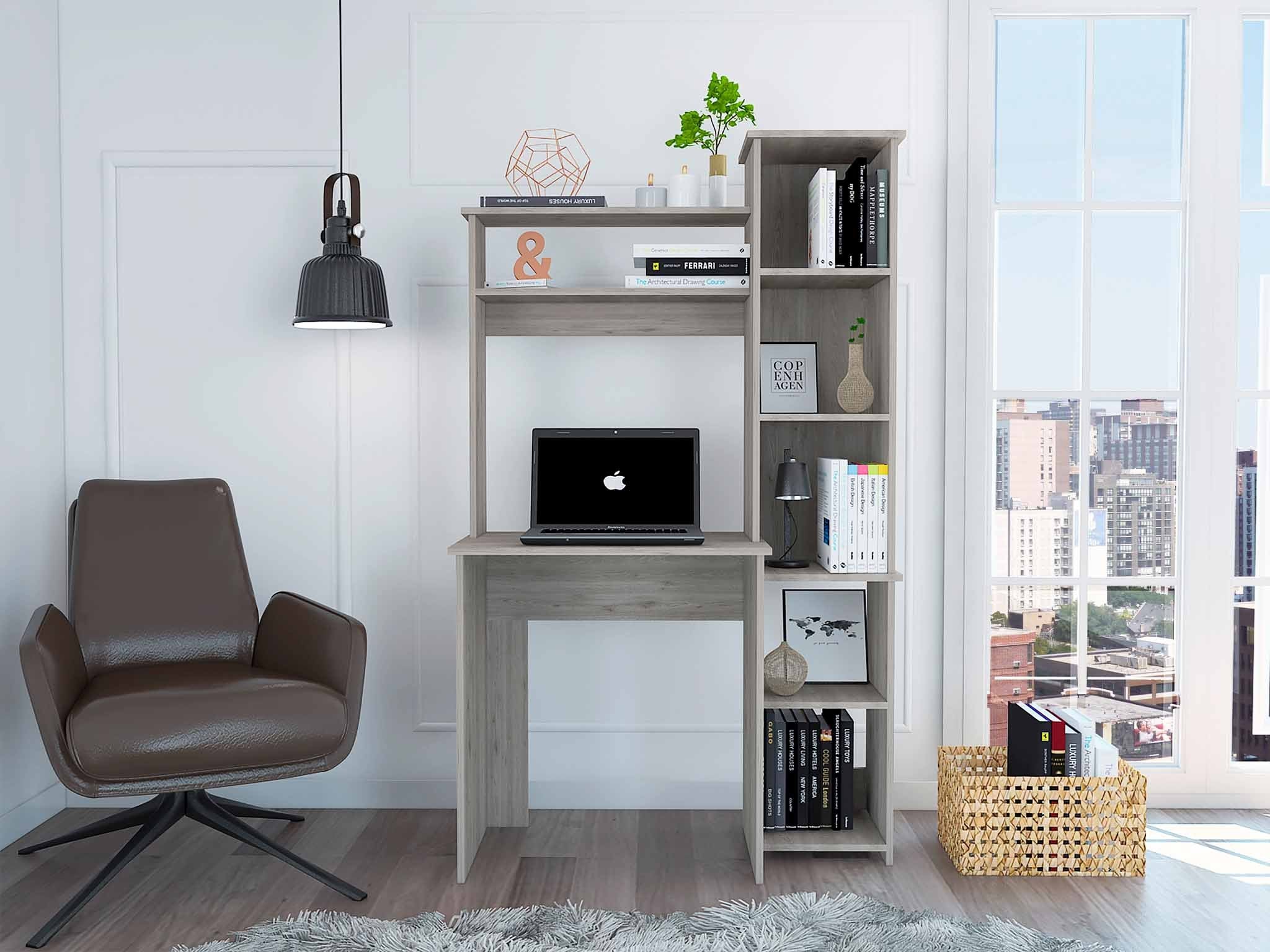 Light Grey 6-Shelf Writing Desk with Built-in Bookcase