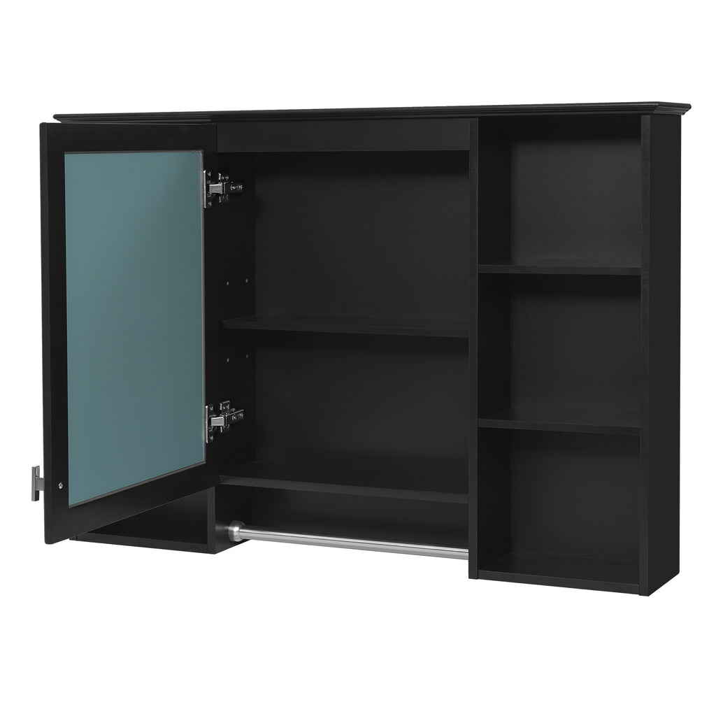 3-in-1 Modern Black Bathroom Mirror Cabinet with Adjustable Shelf, Soft-Close Door, High-Definition Mirror & Towel Bar, 42 Inch Wall-Mounted Storage for Vanity