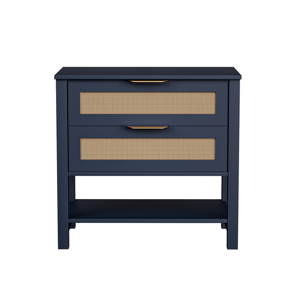 Rattan Nightstand with 2 Drawers and Storage Shelf Boho Bedside Narrow Side Table for Bedroom