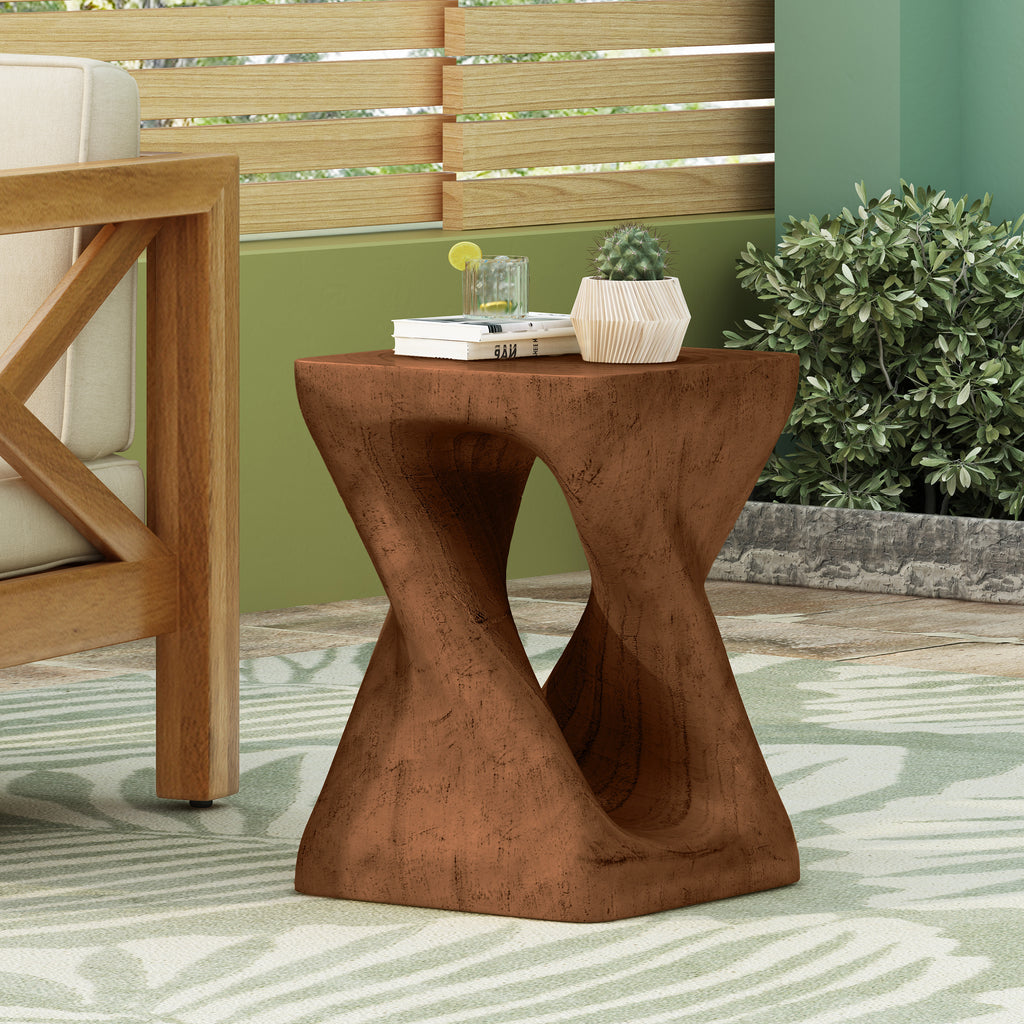 MGO Twist Shape Side Table, Wood-like texture, 	antique brown Color