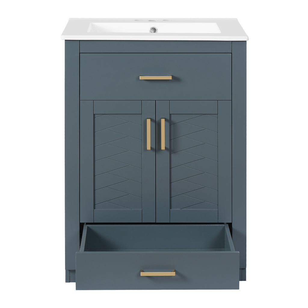 Blue Modern Bathroom Vanity with Integrated Ceramic Sink, 2-Door Cabinet with Tip-Out Drawer, 24' Single Sink for Small to Medium Bathrooms