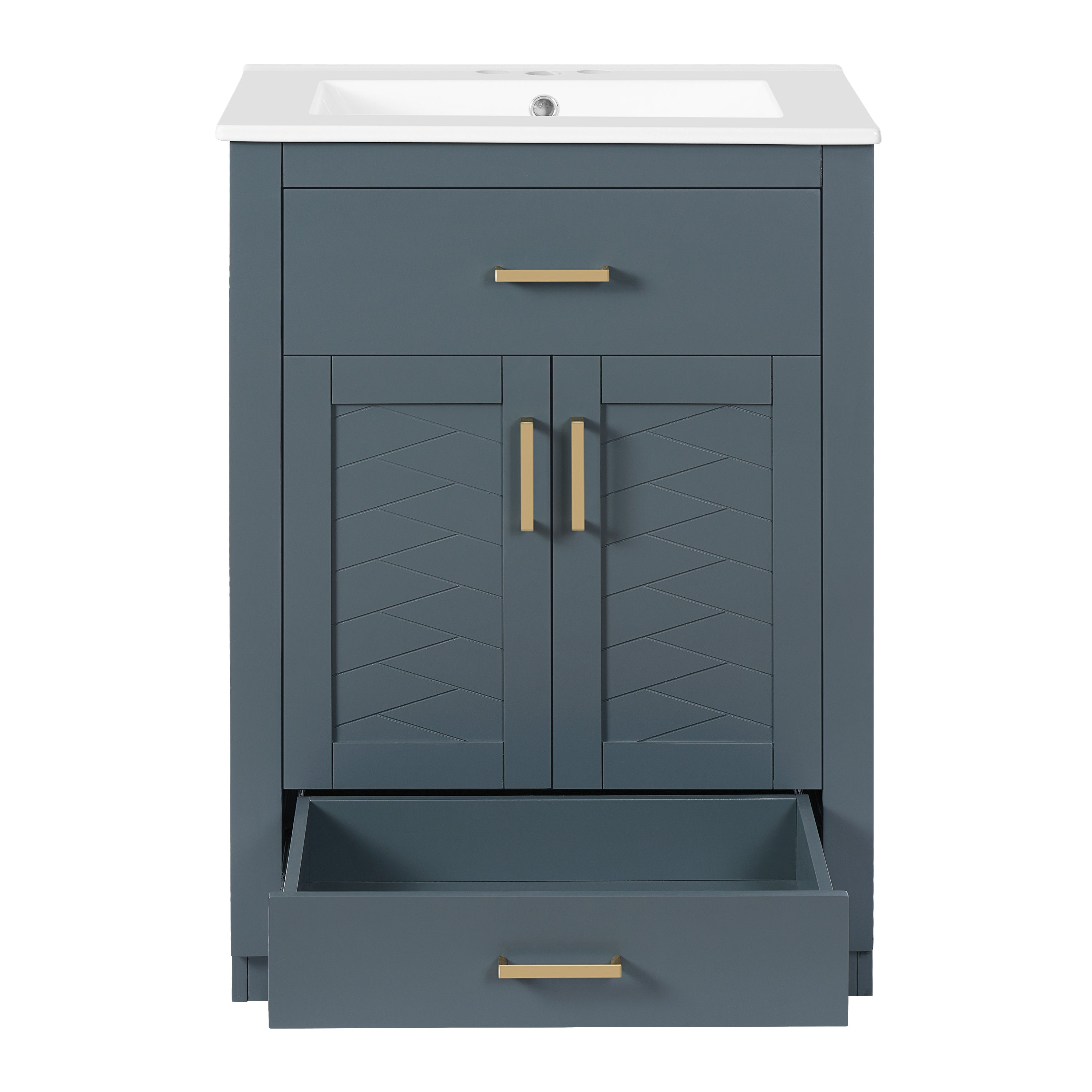 Blue Modern Bathroom Vanity with Integrated Ceramic Sink, 2-Door Cabinet with Tip-Out Drawer, 24' Single Sink for Small to Medium Bathrooms