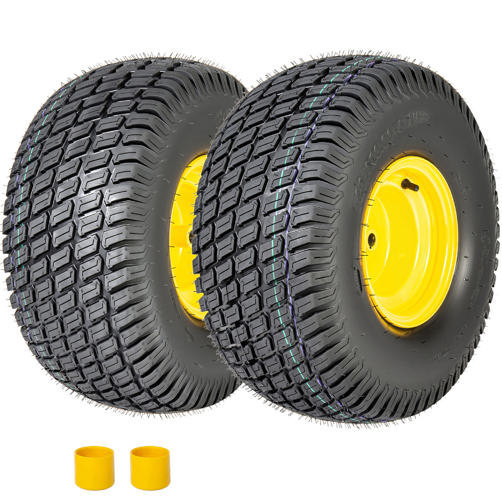 Set of 2 20x10.00-8 Lawn Mower Tires and Wheel Assembly, 4-Ply Tubeless Turf Tread Heavy Duty, 3.5' Centered Hub with 3/4' Bore and 3/16' Keyway, Yellow Steel Rim for Commercial Mowers, 1190 lbs Capac