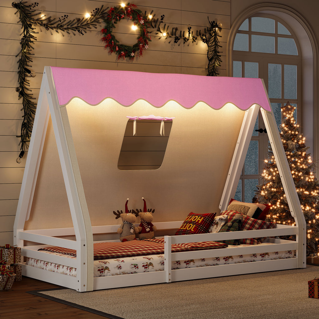 Twin Size House Floor Bed with Tent and Light, Solid Wood Teepee Floor Bed with Full-length Guardrails, Montessori and Childlike Design, White+Pink