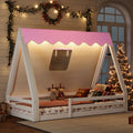 Twin Size House Floor Bed with Tent and Light, Solid Wood Teepee Floor Bed with Full-length Guardrails, Montessori and Childlike Design, White+Pink