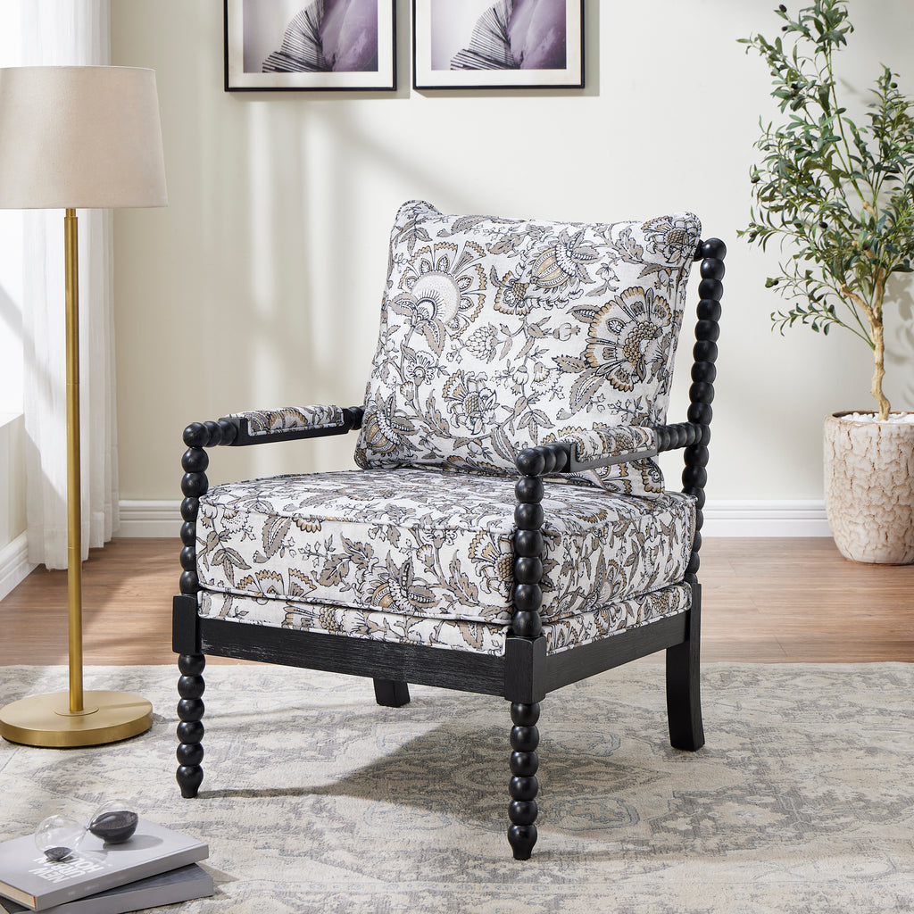 Belvoir Upholstered Spool Accent Chair with Turned Wood Frame, Floral