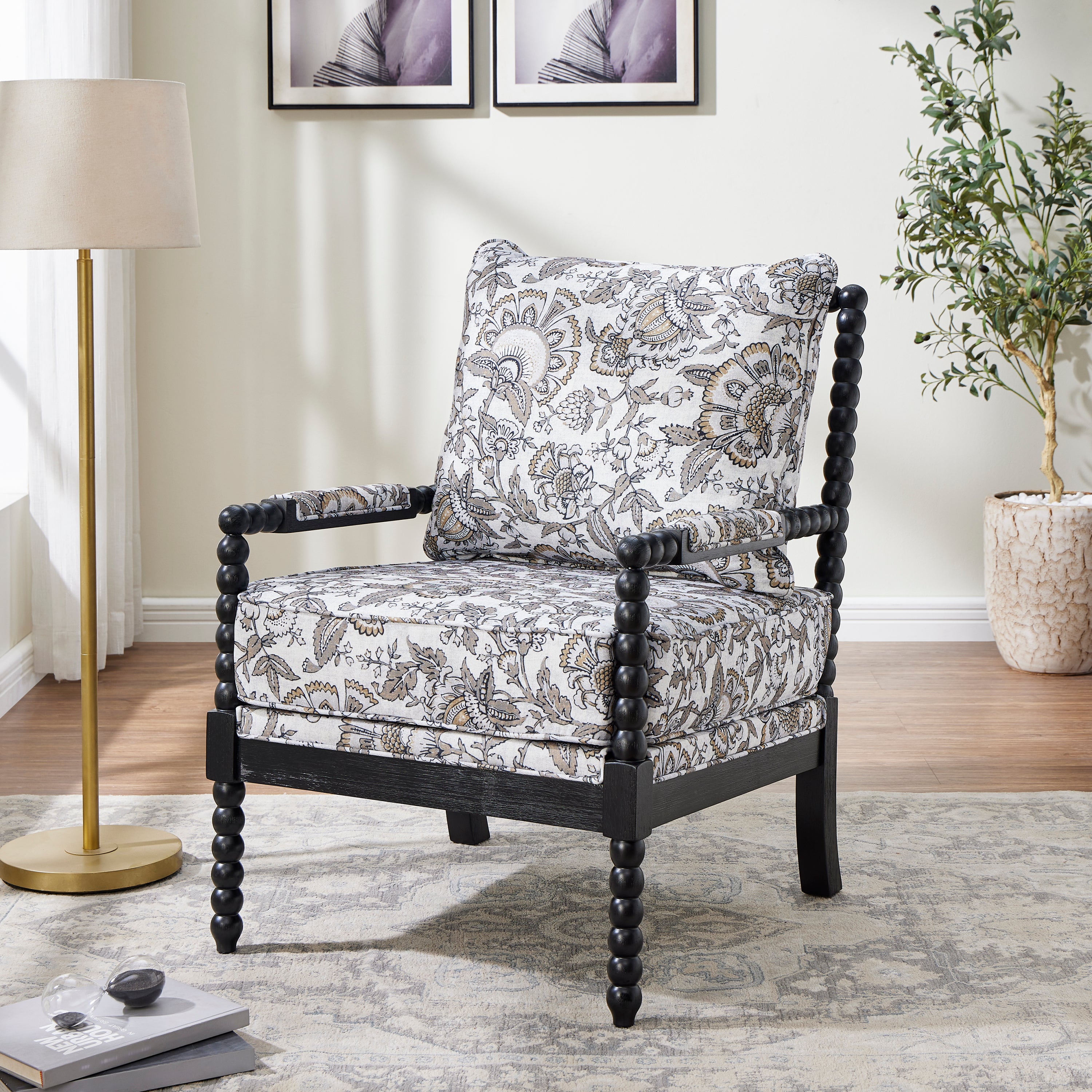 Belvoir Upholstered Spool Accent Chair with Turned Wood Frame, Floral