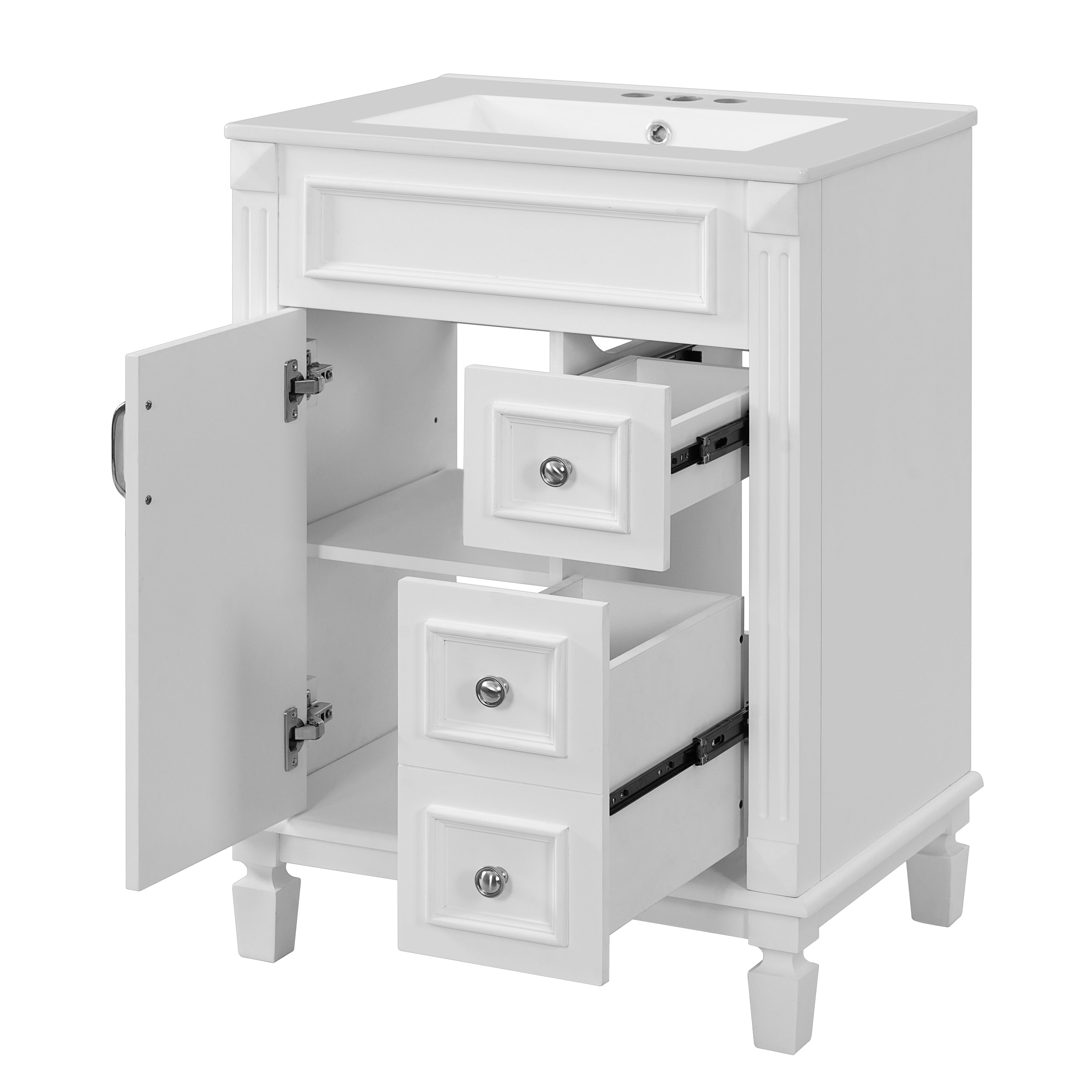Modern 24' Bathroom Vanity with Ceramic Sink, White Cabinet Featuring 2 Drawers and Adjustable Shelf, MDF+Solid Wood Construction
