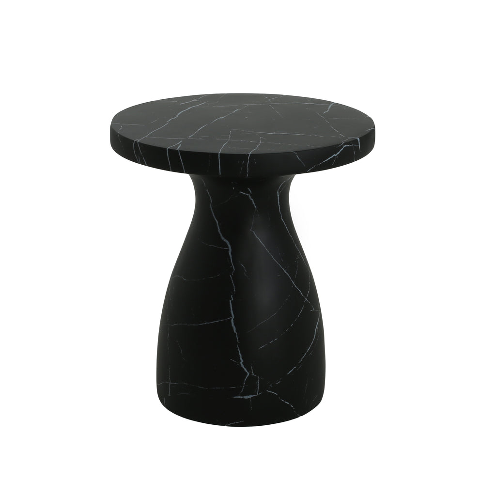 Outdoor Travertine MGO Side Table with Black Marble Effect, Lightweight Concrete, 20x20x23 Inches