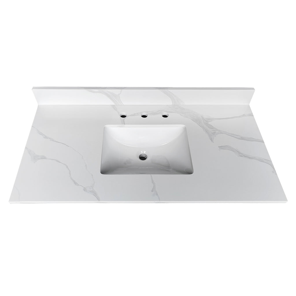 43-inch Quartz Bathroom Vanity Top, 3/4' Thick with Undermount Single Bowl Middle Sink, 4 Inch High Backsplash, 3 Pre-Drilled Faucet Hole, Stain & Heat Resistant, Carrara White Quartz with Veins