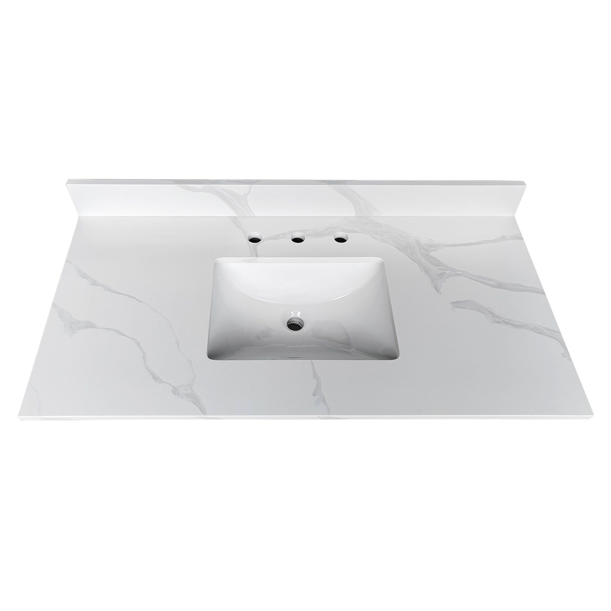43-inch Quartz Bathroom Vanity Top, 3/4' Thick with Undermount Single Bowl Middle Sink, 4 Inch High Backsplash, 3 Pre-Drilled Faucet Hole, Stain & Heat Resistant, Carrara White Quartz with Veins