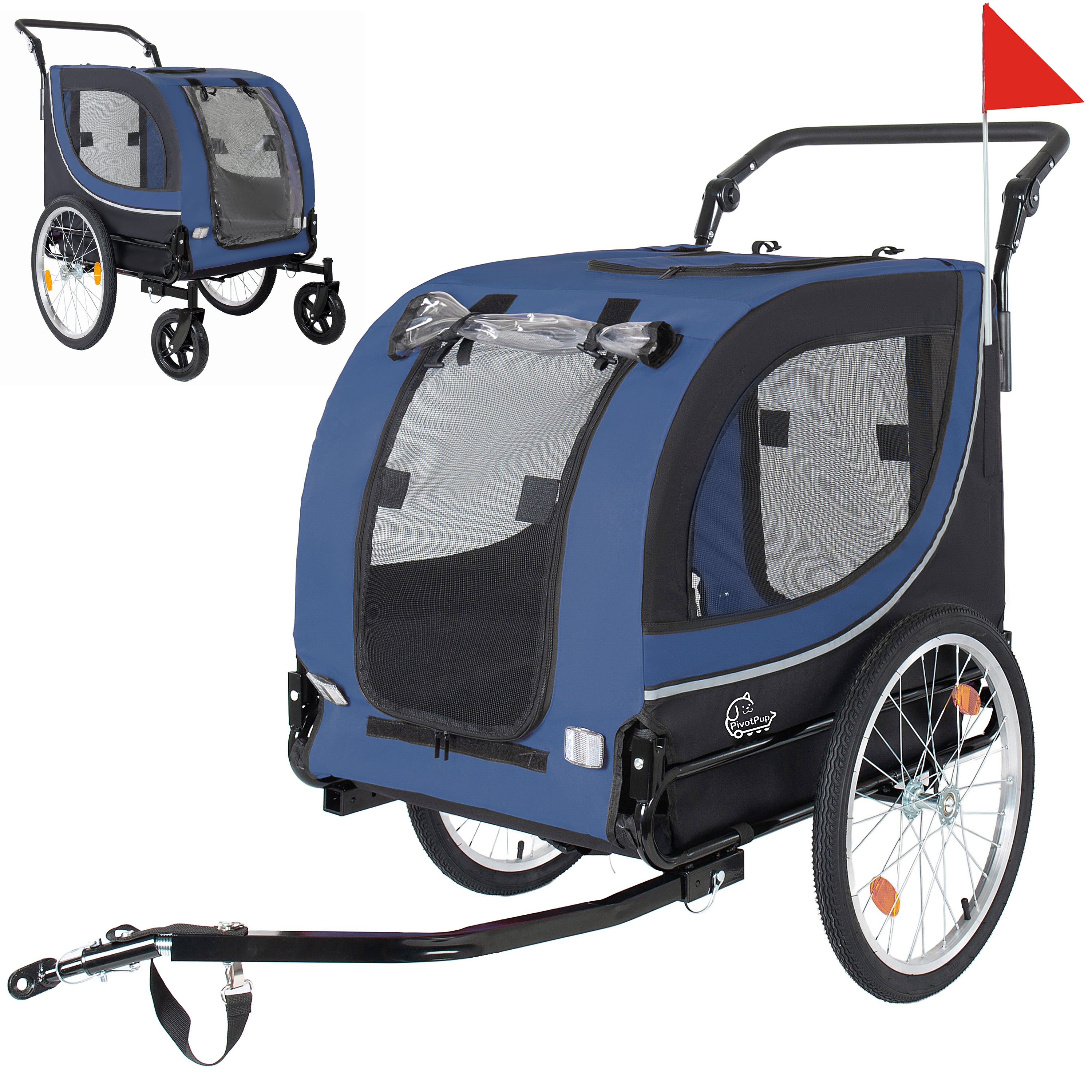 2-in-1 Bike Trailer & Pet Stroller for Dogs up to 100lbs– Foldable Pet Carrier Cart with two 8'' Front Caster & 20'' Quick Release Air-Filled Wheels, Breathable Mesh and PVC Rain Cover, Dark Blue