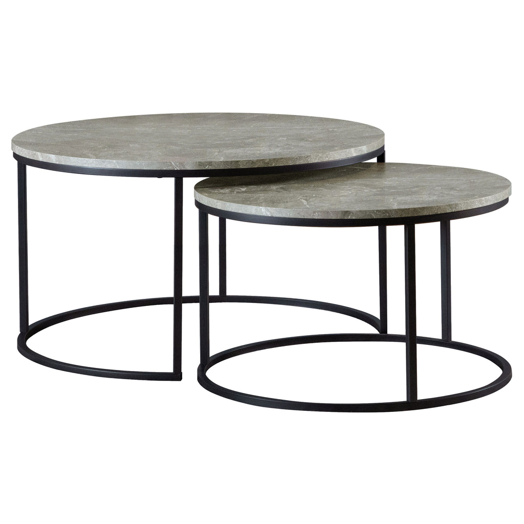 Hanover Grey 2-Piece Round Faux Marble Nesting Coffee Table in Grey with Gunmetal Metal Frames, 35 inches Diameter