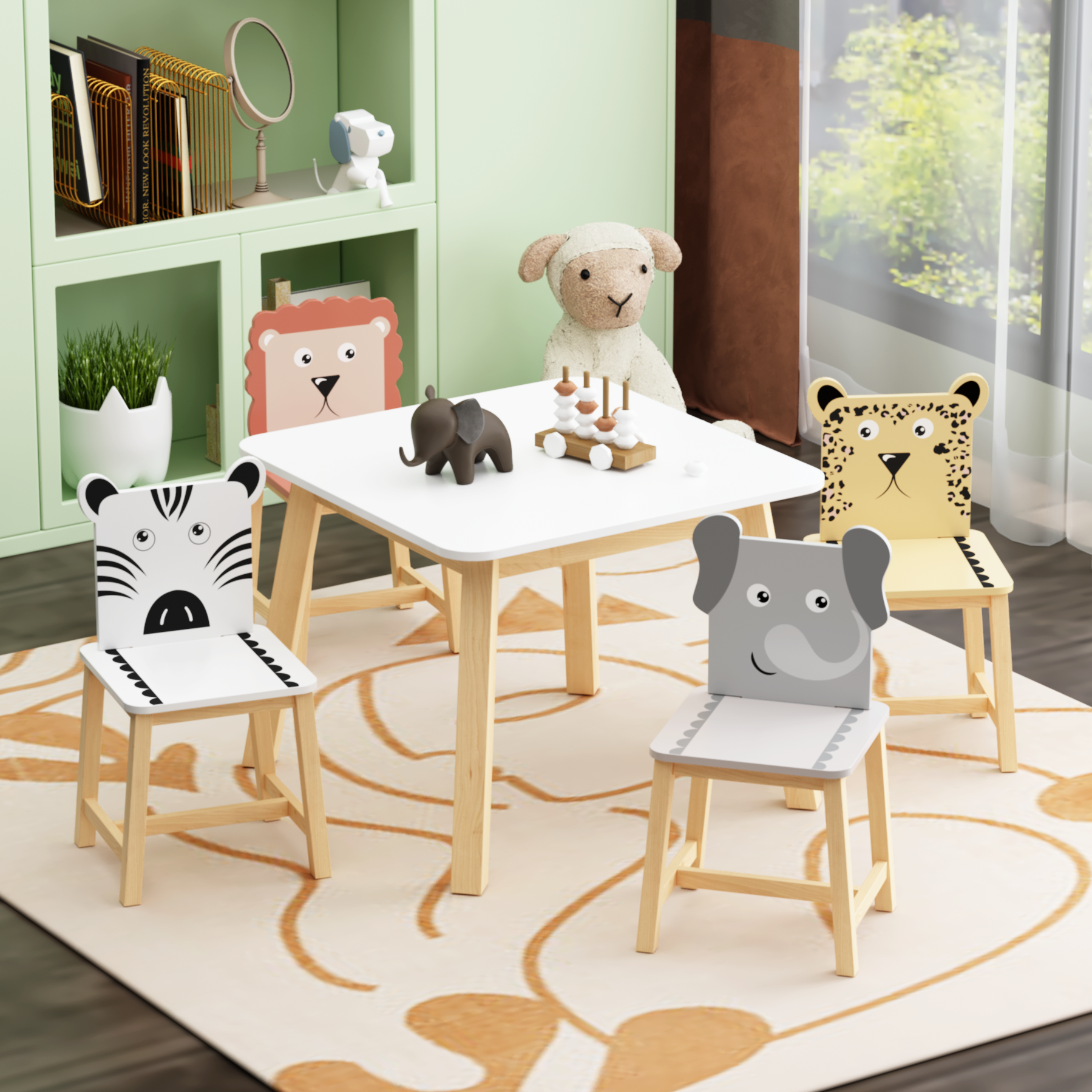 Kids Wood Table and Chair Set with Cartoon Animals Design, White Solid Wood & MDF Furniture for Ages 3-8, 5-Piece Table and Chair Set