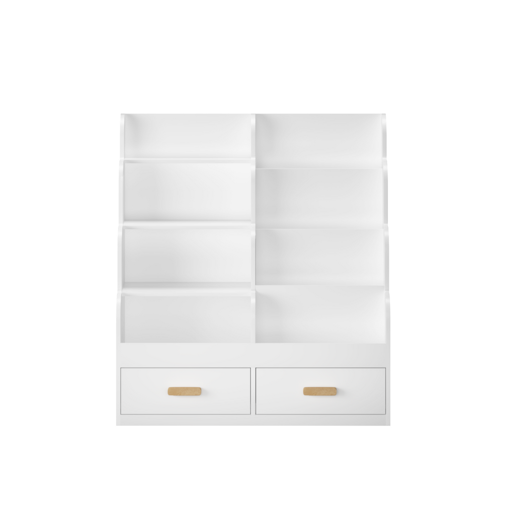 Kids Bookshelf with 2 Storage Drawers, Front-Facing Children's Bookcase and Toy Organizer, Multi-Tier Reading Shelf for Toddlers, Playroom, Bedroom, or Nursery - White