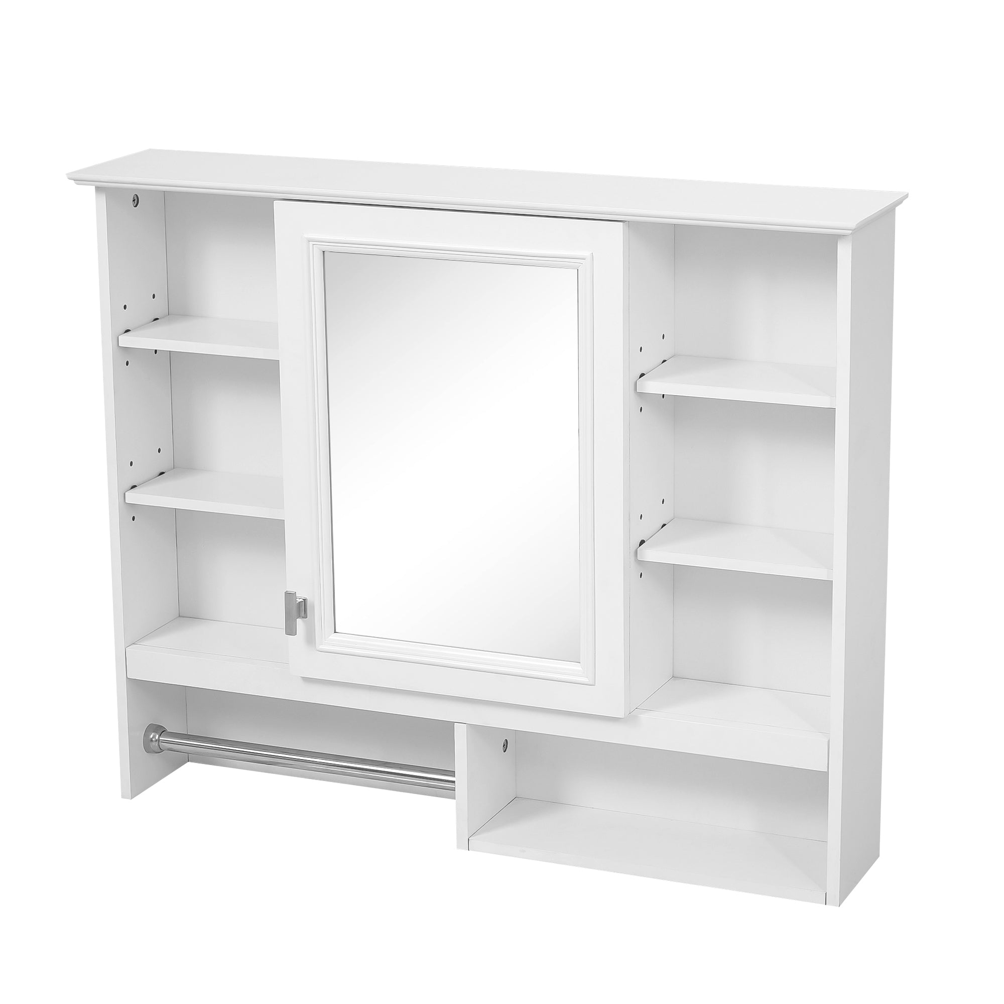 Modern White 35 inch Wall-Mount 2-in-1 Mirror Cabinet with Adjustable Shelves, Soft-Closing Hinges, Open Storage, for Bathroom Vanity, Living Room, Bedroom